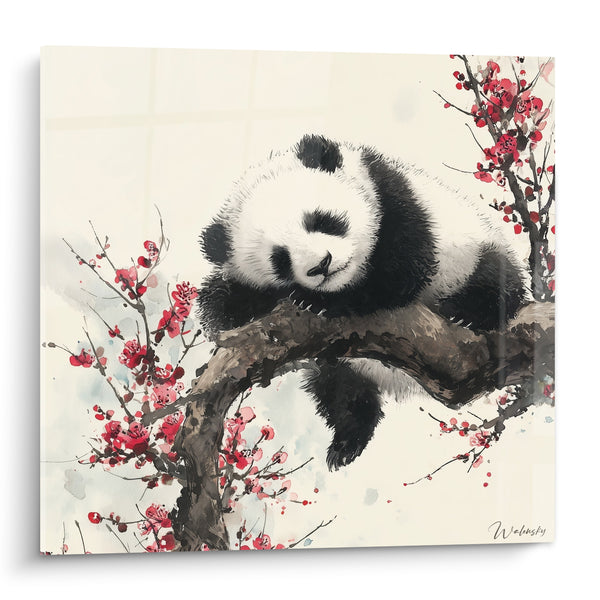 Tableau Panda noir et blanc sur branche torsadée fleurie rouge - Fleurs de prunier - Edition Panda