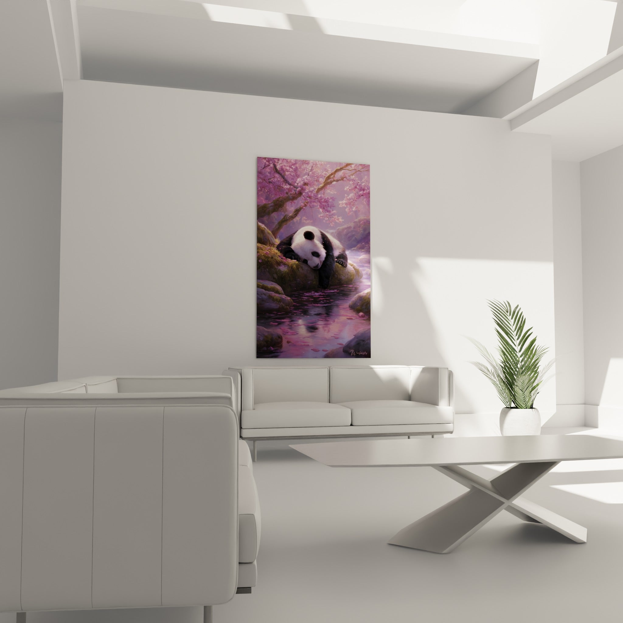 Panda paisible sous des branches fleuries roses, suspendu au-dessus d'un canapé dans un salon lumineux