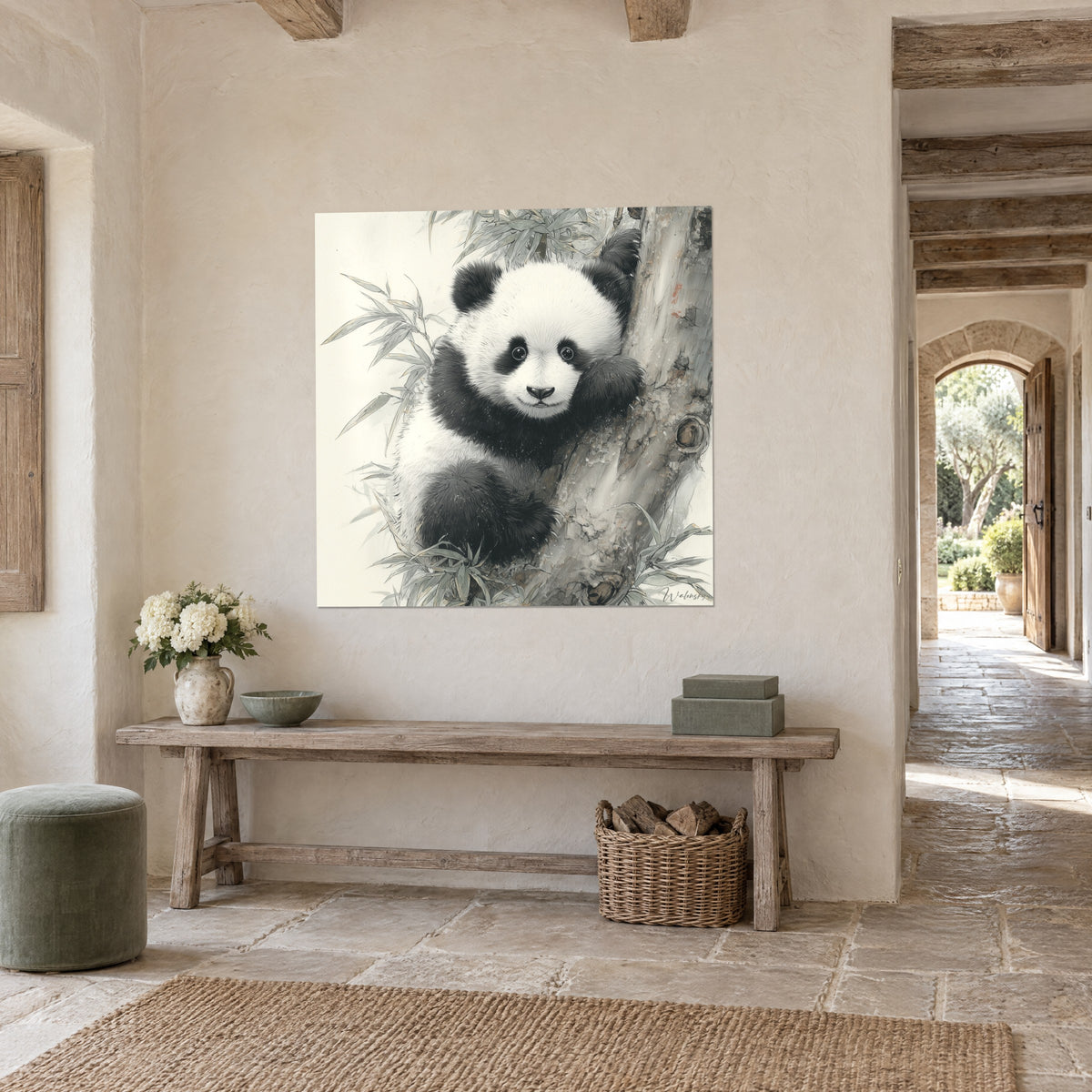 Gemälde junger Panda mit runden schwarzen Augen, graugrüne Bambusblätter, verputzte Steinwand eines Eingangsbereichs