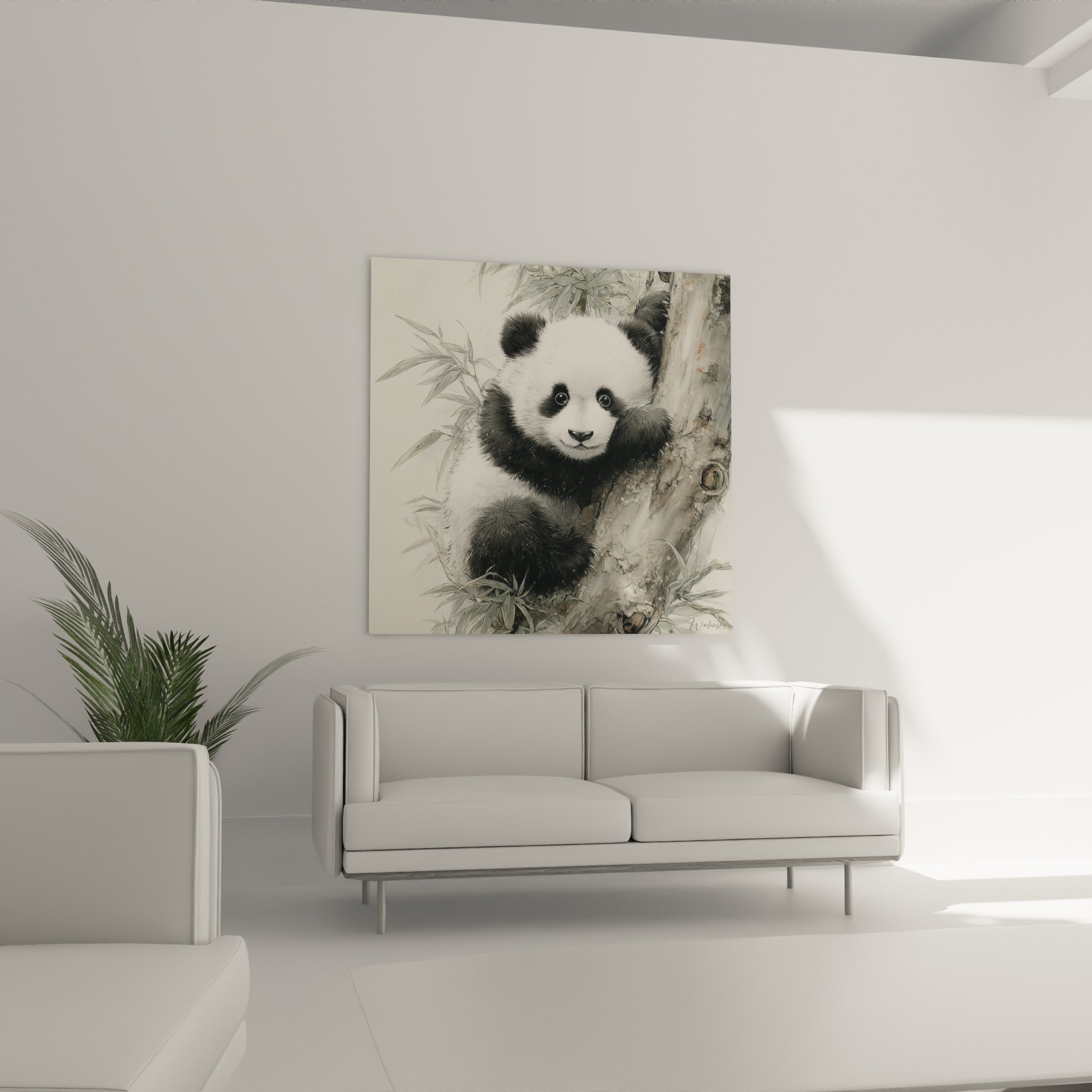 Ourson panda noir et blanc au regard curieux, suspendu au-dessus d'un canapé dans un salon lumineux