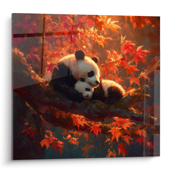 Tableau Pandas noirs et blancs sur branche automnale - Câlin sous les feuilles - Edition Panda