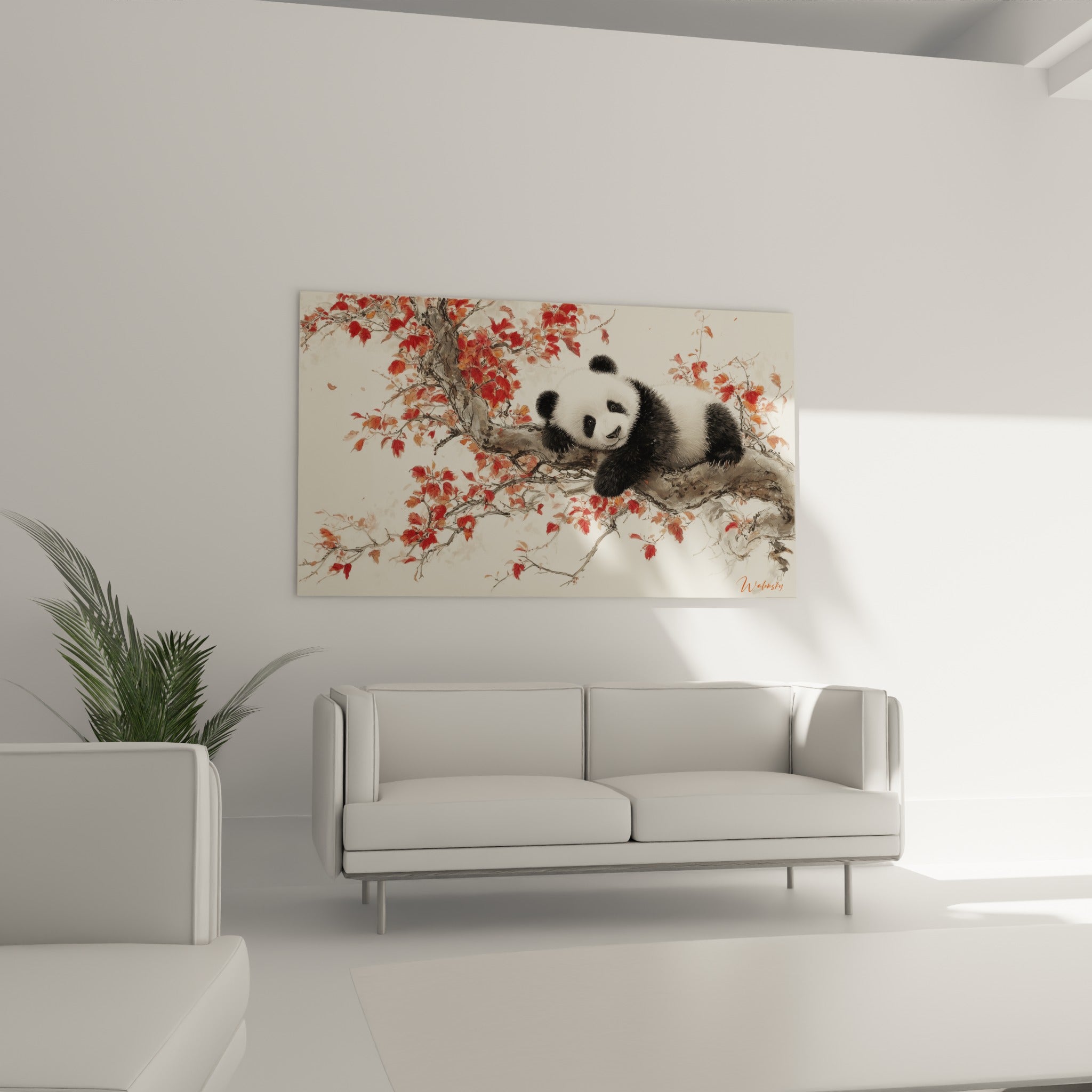 Museau attendri du panda niché dans les branches rouges et grises, au-dessus d'un canapé dans un salon lumineux