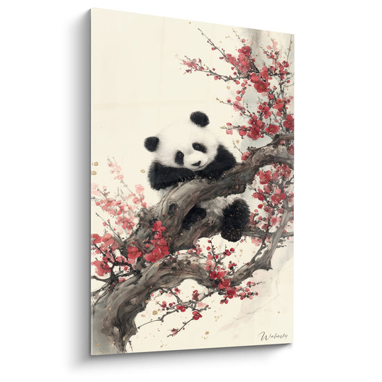 Tableau Panda accroché à une branche fleurie - Câlin printanier - Edition Panda