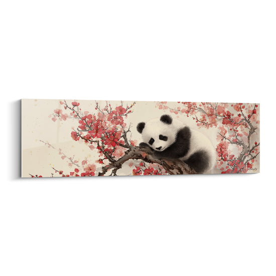 Tableau Bébé panda noir et blanc sur branche fleurie rouge - Fond ivoire pâle - Edition Panda
