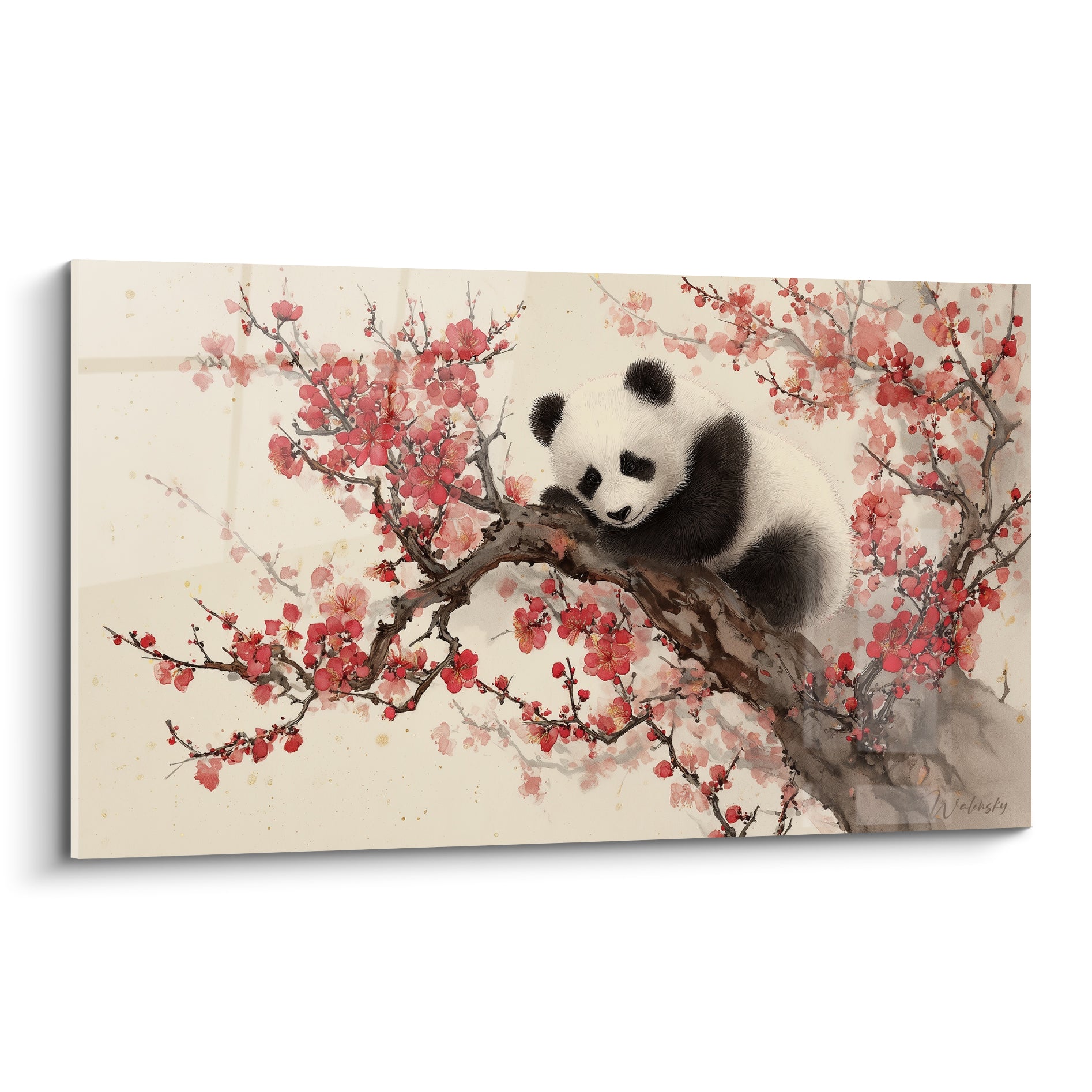 Panda noir et blanc allongé sur une branche fleurie rose et beige, style aquarelle délicate