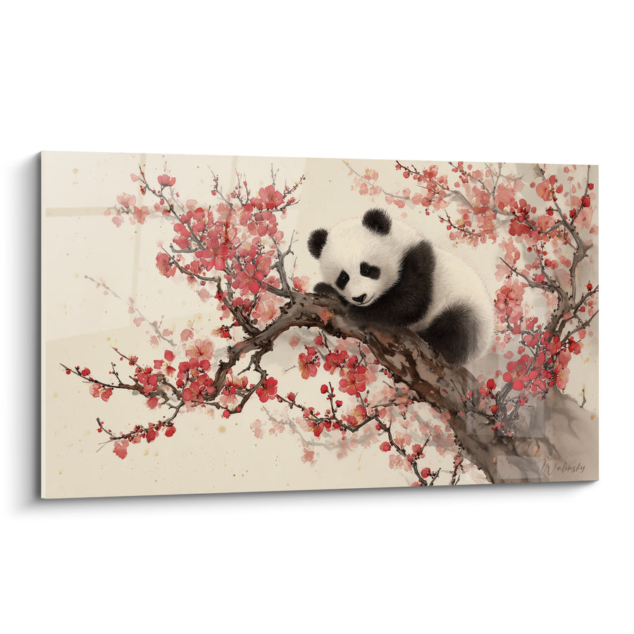 Tableau Panda noir et blanc sur branche de pruniers rouges - Fond ivoire aquarelle - Edition Panda
