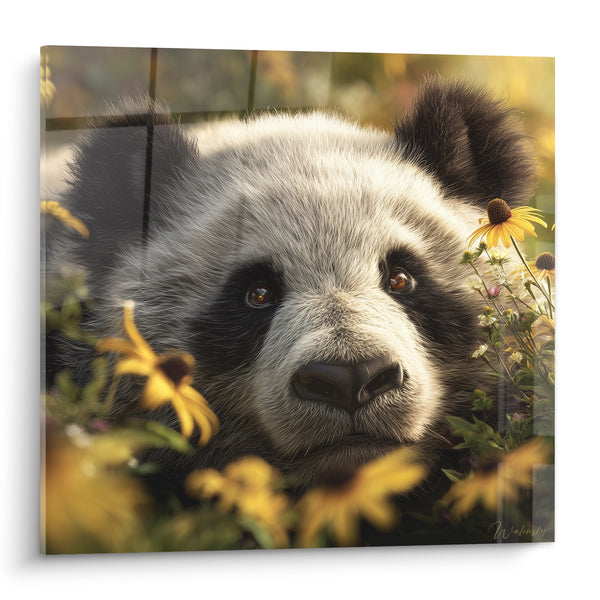 Tableau Visage noir et blanc parmi marguerites jaunes - Regard perçant - Edition Panda