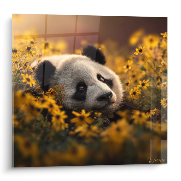 Tableau Panda noir et blanc allongé parmi marguerites dorées - Regard ambré au soleil - Edition Panda