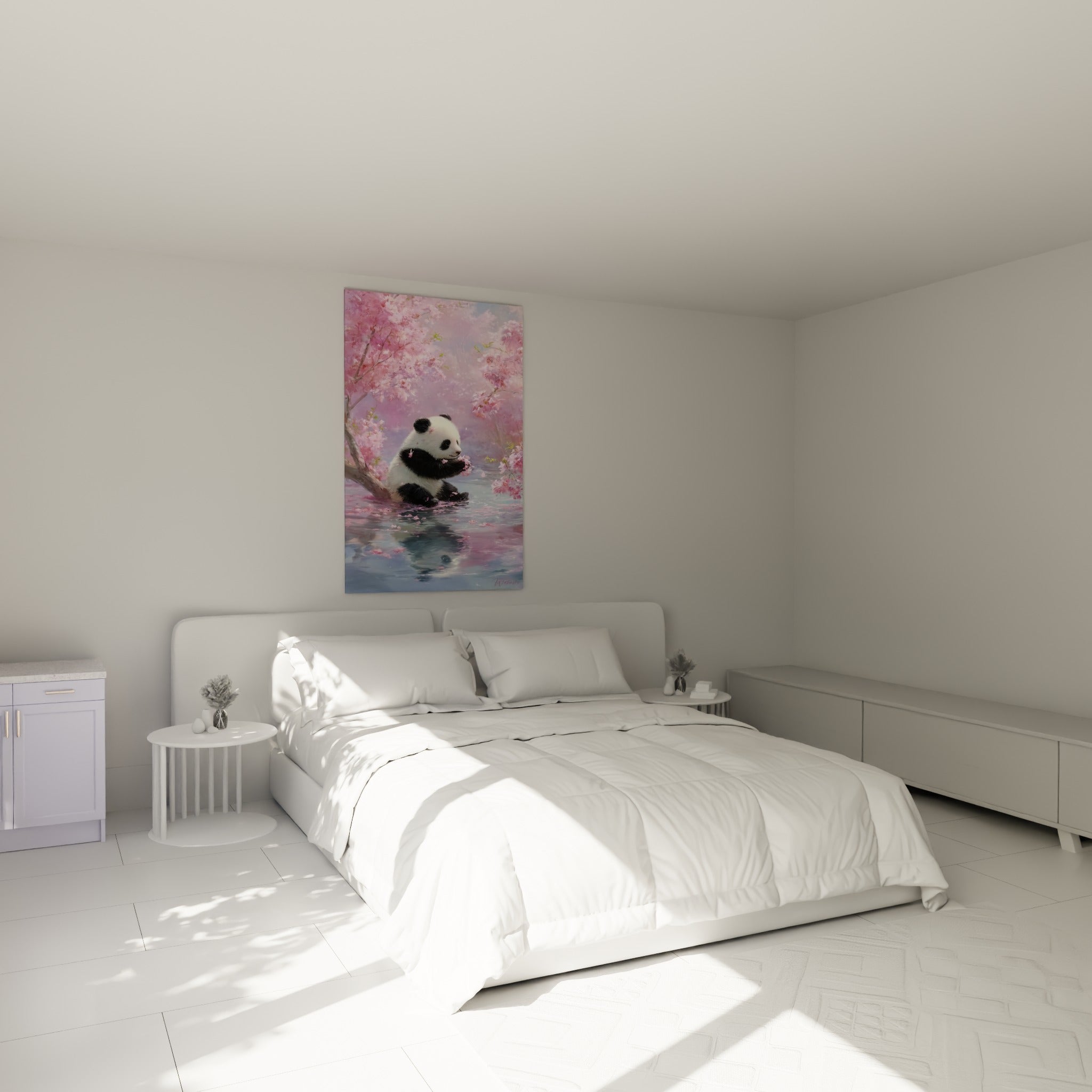 Jeune panda tenant des pétales roses entre cerisiers, au-dessus d'un lit dans une chambre claire