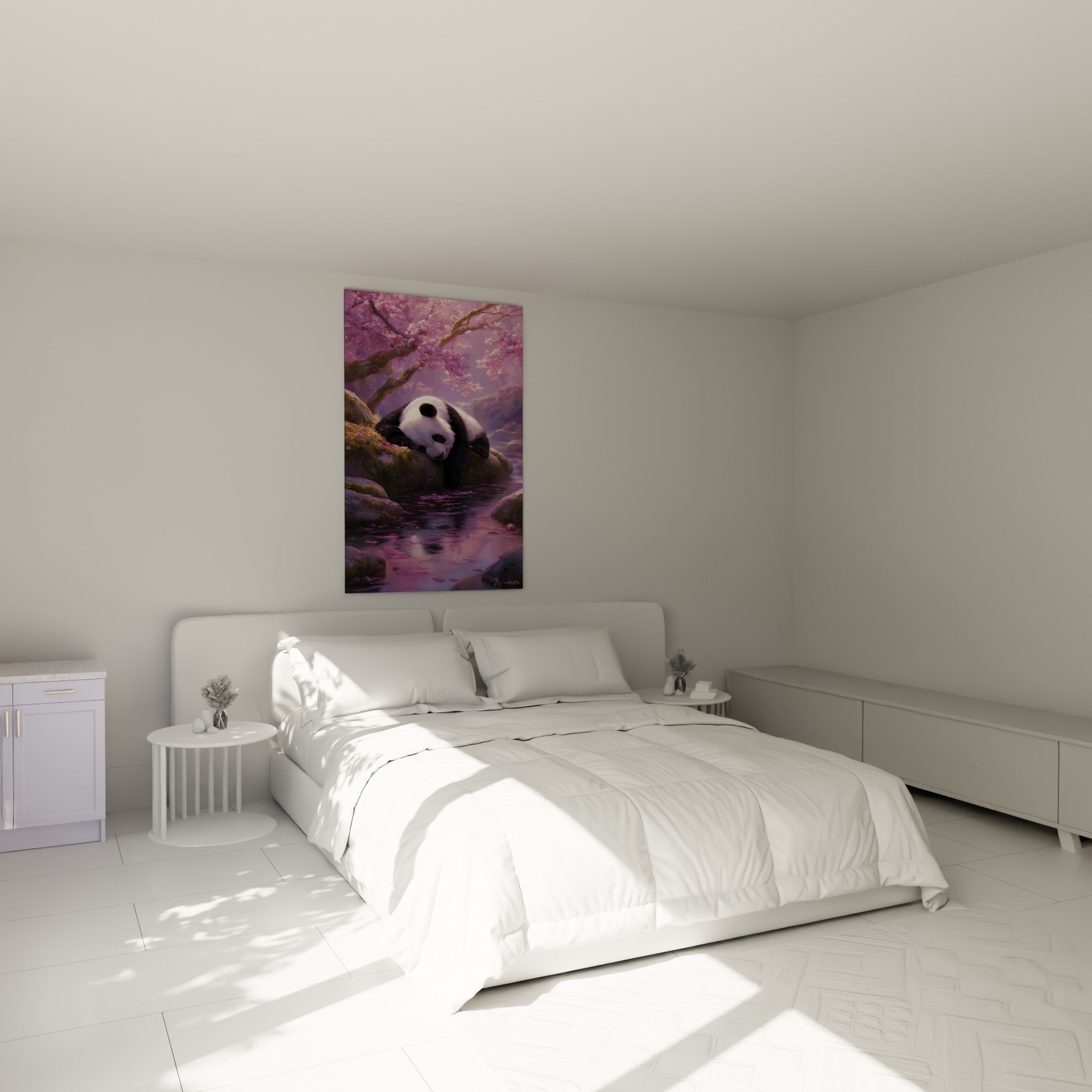Panda assoupi près d'une rivière rose et violette, accroché au-dessus d'un lit dans une chambre claire