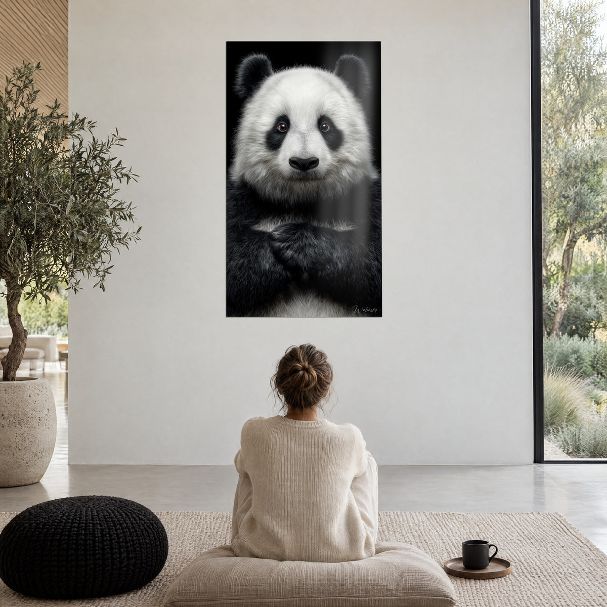 Πίνακας μεγαλοπρεπές panda, αφράτη λευκή γούνα που contrast με το βαθύ μαύρο, απέναντι από άτομο καθισμένο σε πουφ, μπροστά στο τζάμι παραθύρου