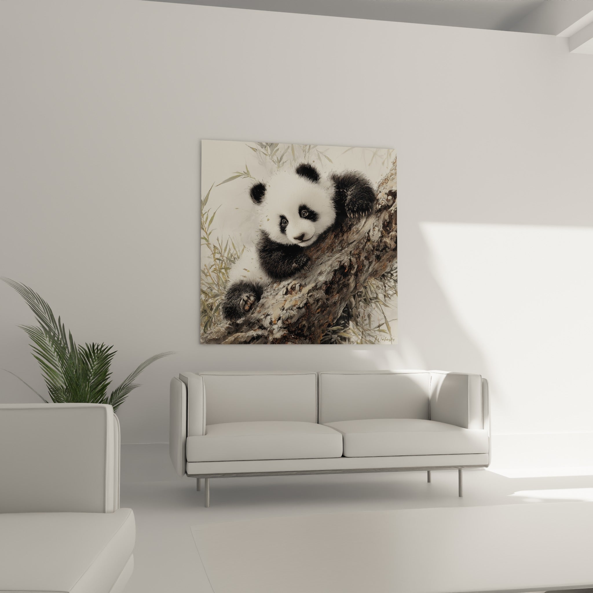 Fourrure noire et blanche du panda grimpant une branche noueuse, au-dessus d'un canapé dans un salon lumineux