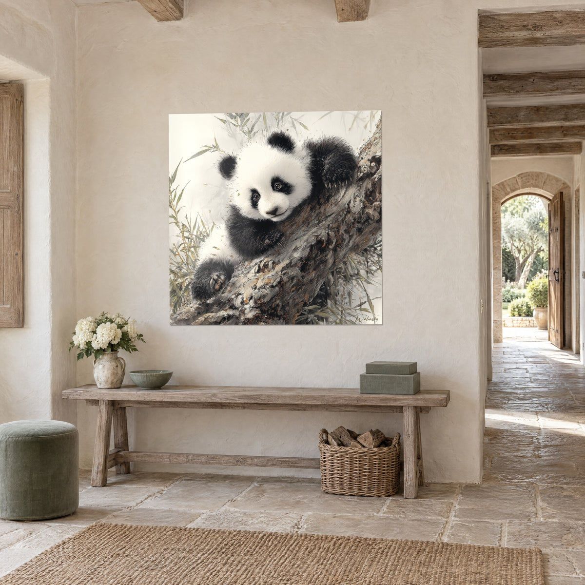 Gemälde Baby-Panda mit flauschigem Fell, grau-braune Rinde, Bambusblätter, in einem Steinflur