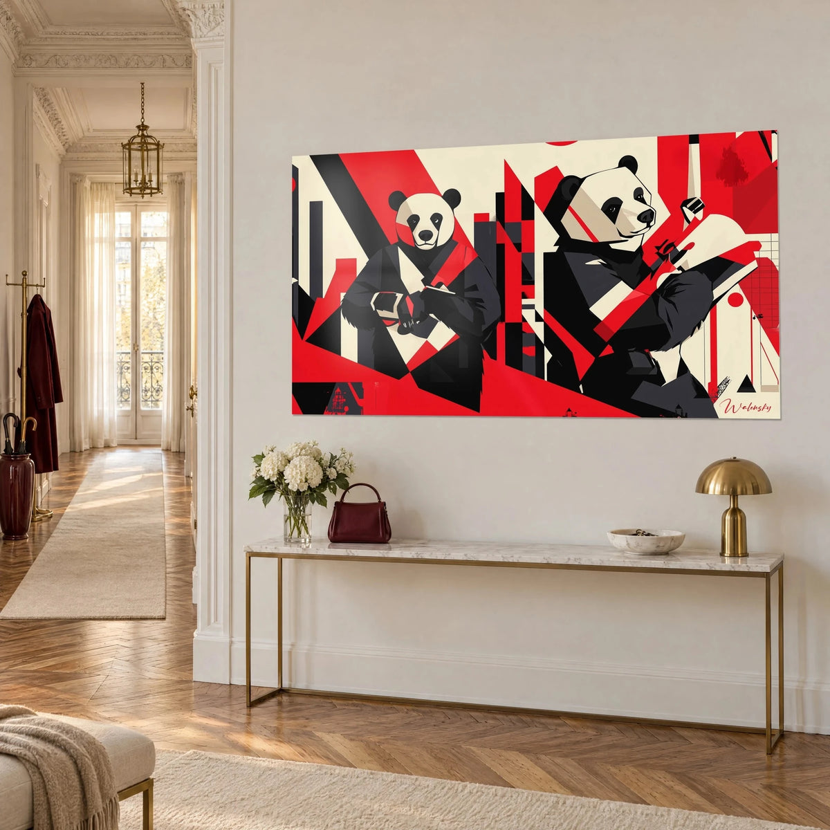 Wall art duo of warrior pandas in flat scarlet red and black on a cream background, three-quarter view on a Haussmann-style wall