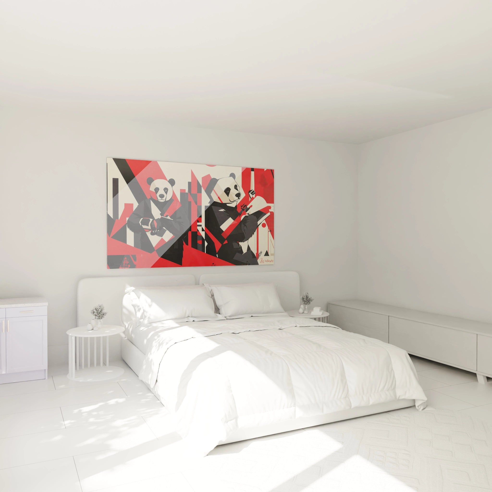 Tableau panda Walensky style moderne avec motifs rouges et noirs accroché au-dessus d'un lit blanc dans une chambre lumineuse