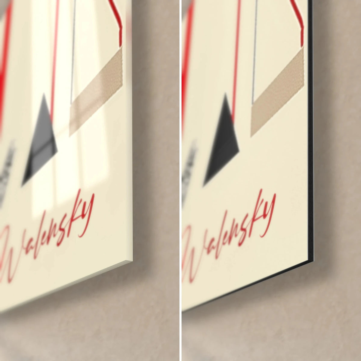 Wall art graphic pandas, bottom right corner: red Walensky signature on cream background, glossy glass and matte black Dibond, 3 mm edge