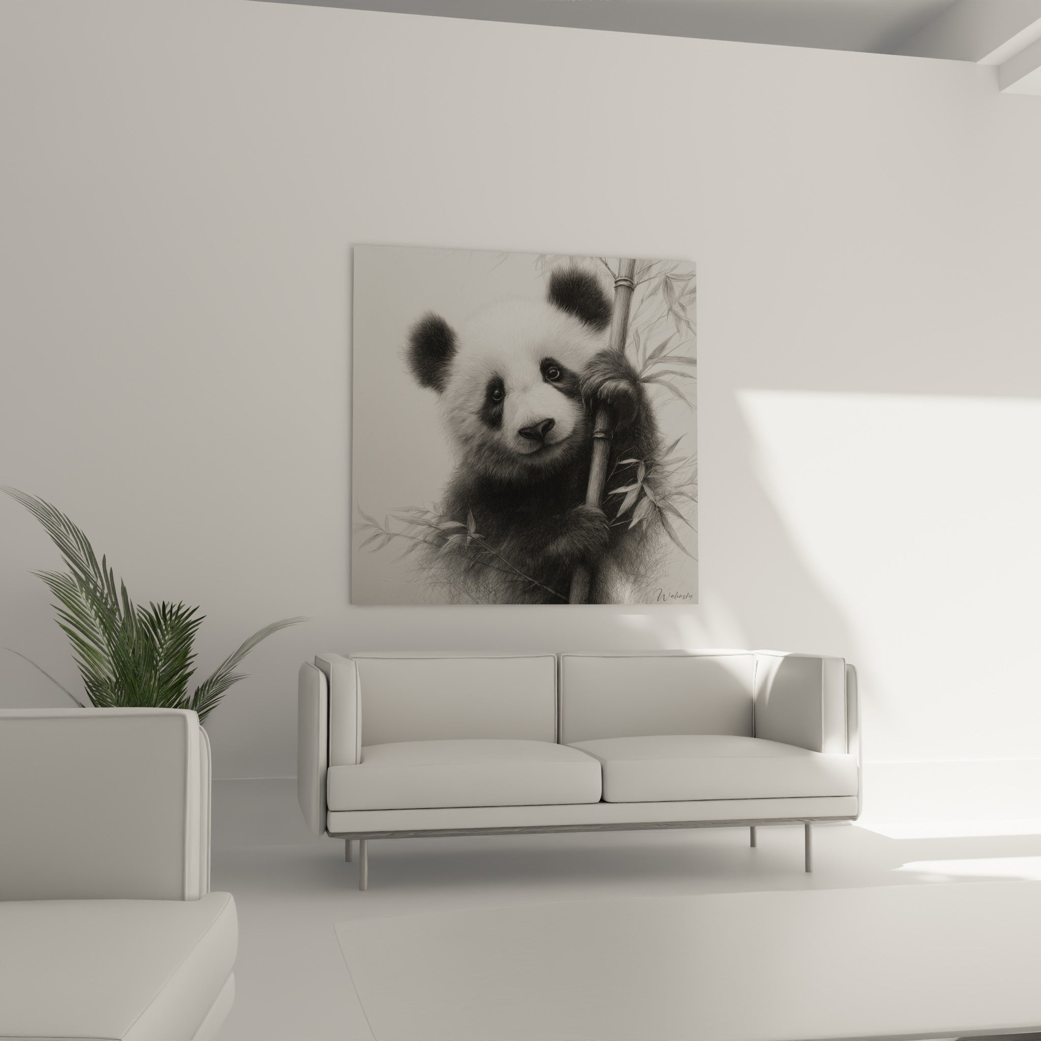 Ourson panda gris et blanc tenant du bambou, accroché au-dessus d'un canapé dans un salon lumineux