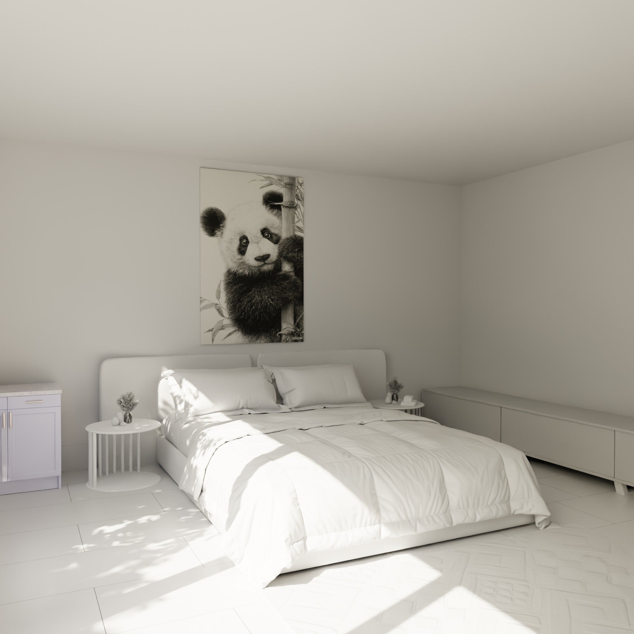 Jeune panda curieux au pelage blanc et noir, accroché au bambou, au-dessus d'un lit dans une chambre claire