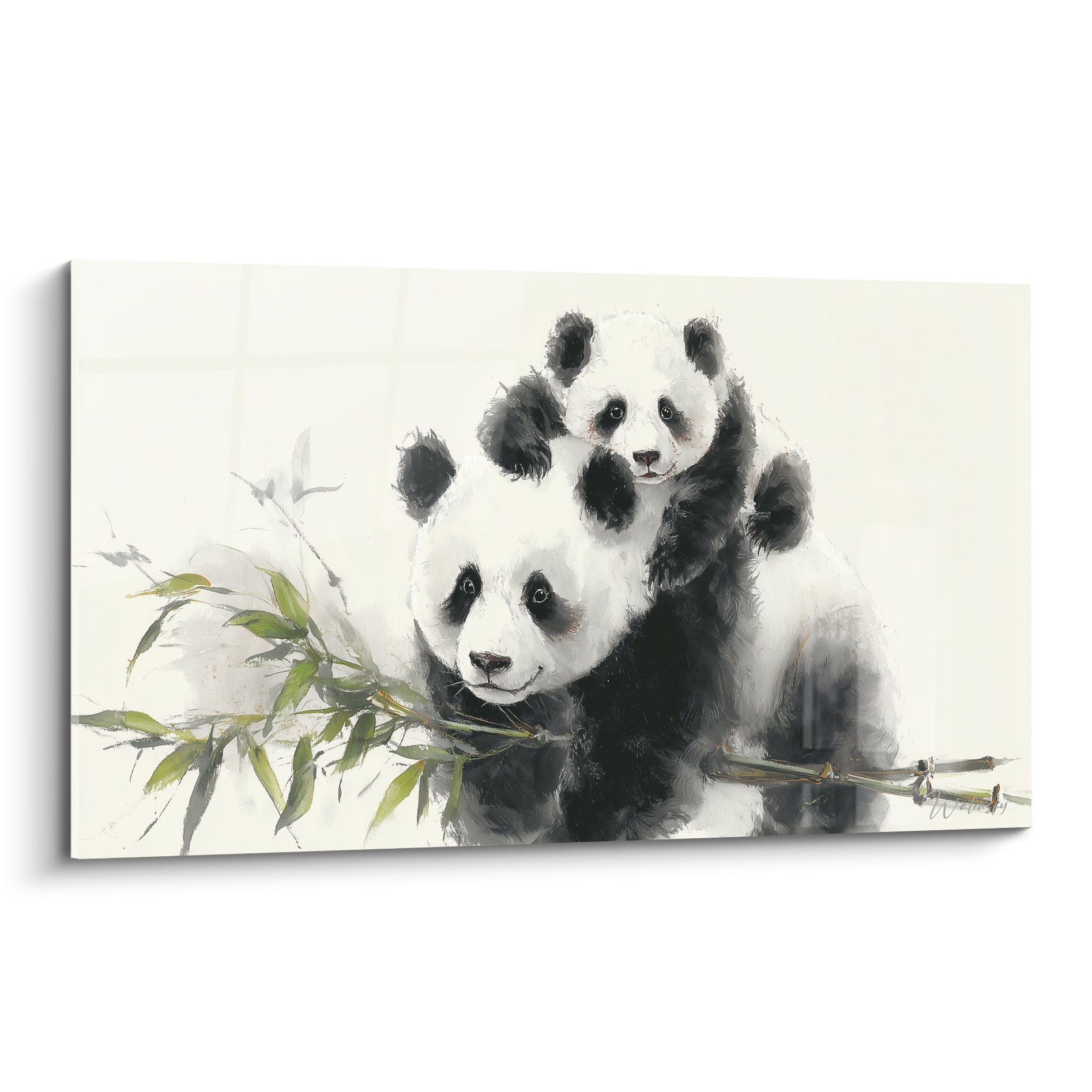 Pandas noir et blanc enlacés près d'une branche de bambou vert, style aquarelle délicate