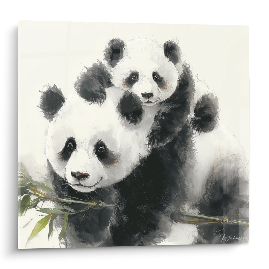 Tableau Pandas noir et blanc aux tiges de bambou - Tendresse maternelle - Edition Panda