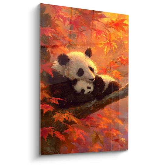 Tableau Panda et petit sous érable orangé - Câlin d'automne - Edition Panda