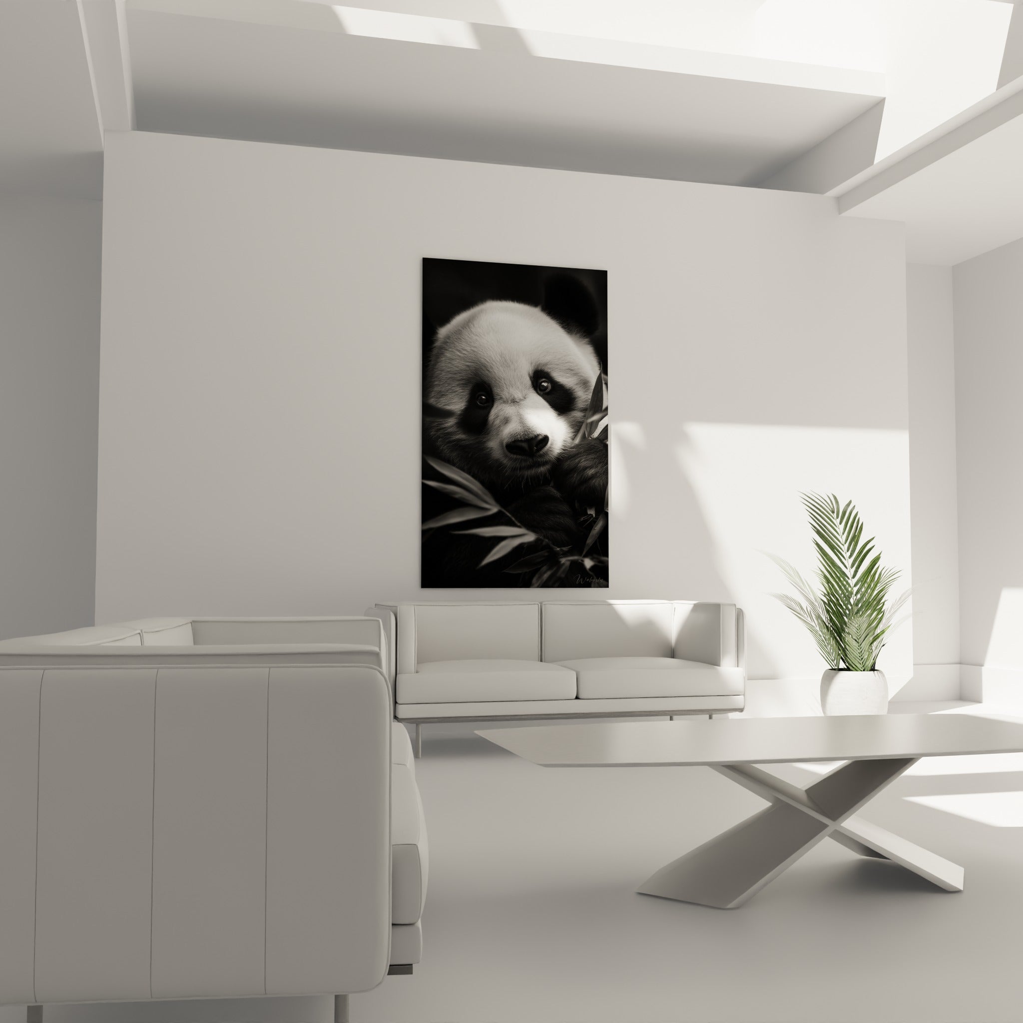 Museau de panda noir profond et blanc pur entouré de bambou, au-dessus d'un canapé dans un salon lumineux