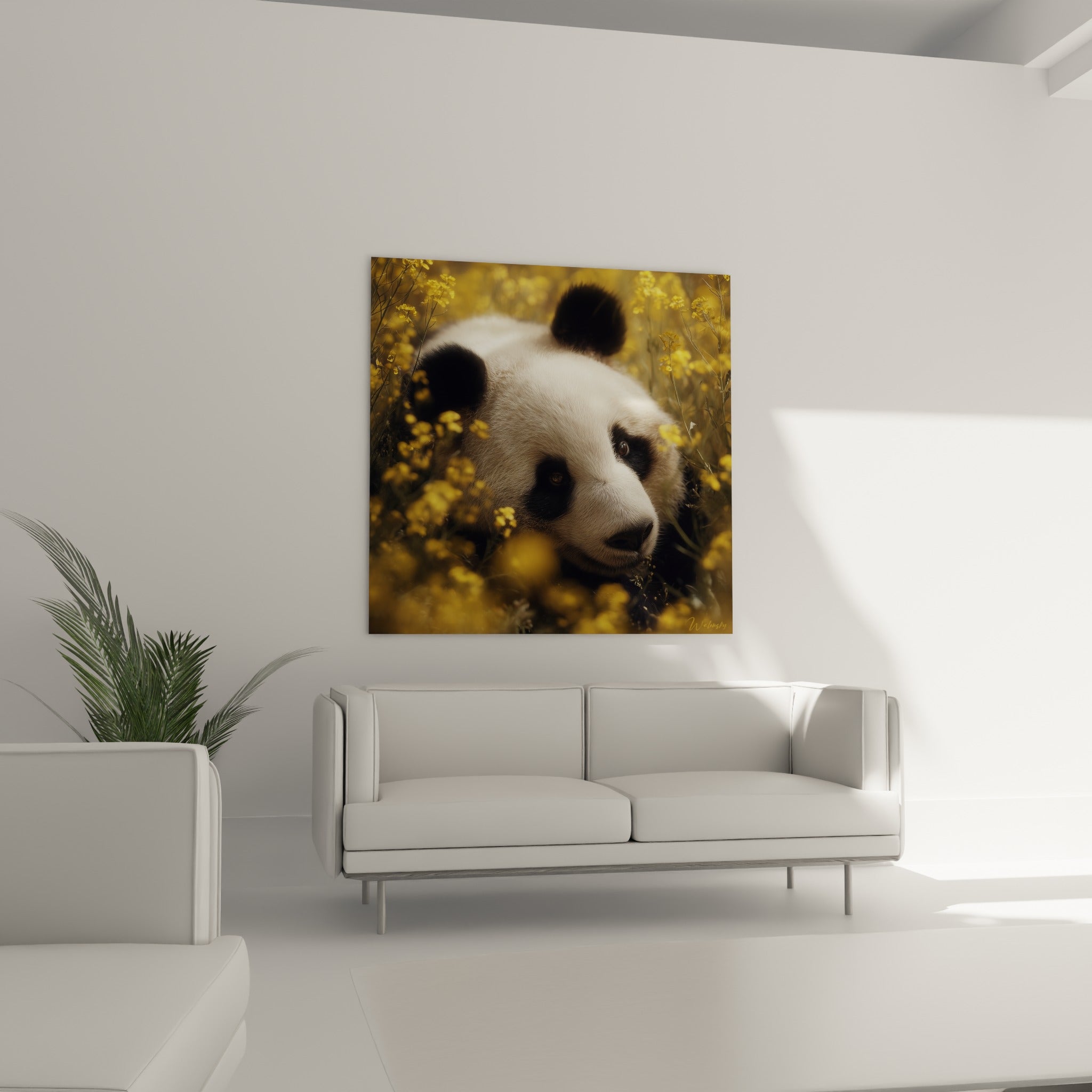Museau de panda noir entouré de fleurs jaunes dorées, au-dessus d'un canapé dans un salon lumineux