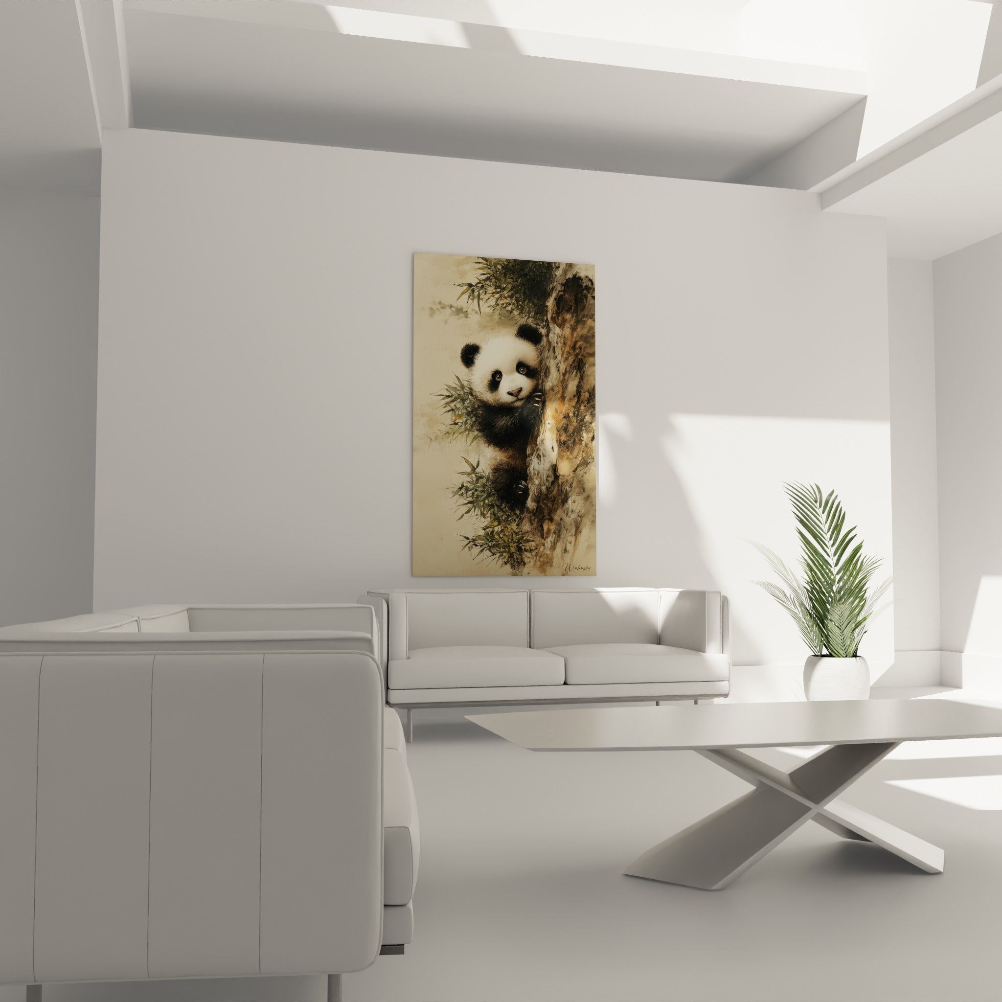 Museau attendrissant du panda aux yeux sombres, pelage noir et blanc, au-dessus d'un canapé dans un salon lumineux