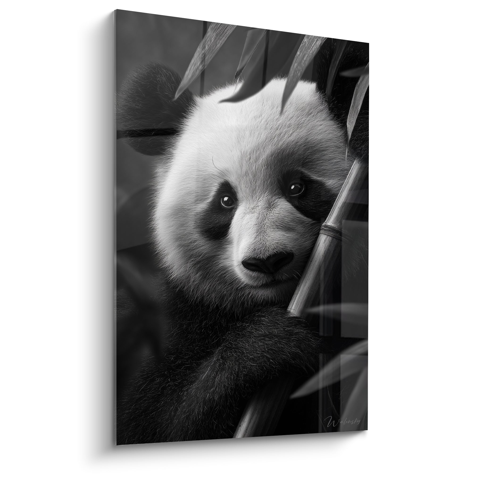 Panda au regard tendre, pelage noir et blanc, niché entre des tiges de bambou verticales