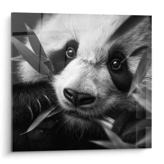Panda noir et blanc mordillant des feuilles de bambou, regard perçant et pelage texturé