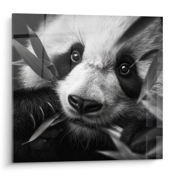 Tableau Panda noir et blanc parmi les feuilles de bambou - Regard gourmand - Edition Panda