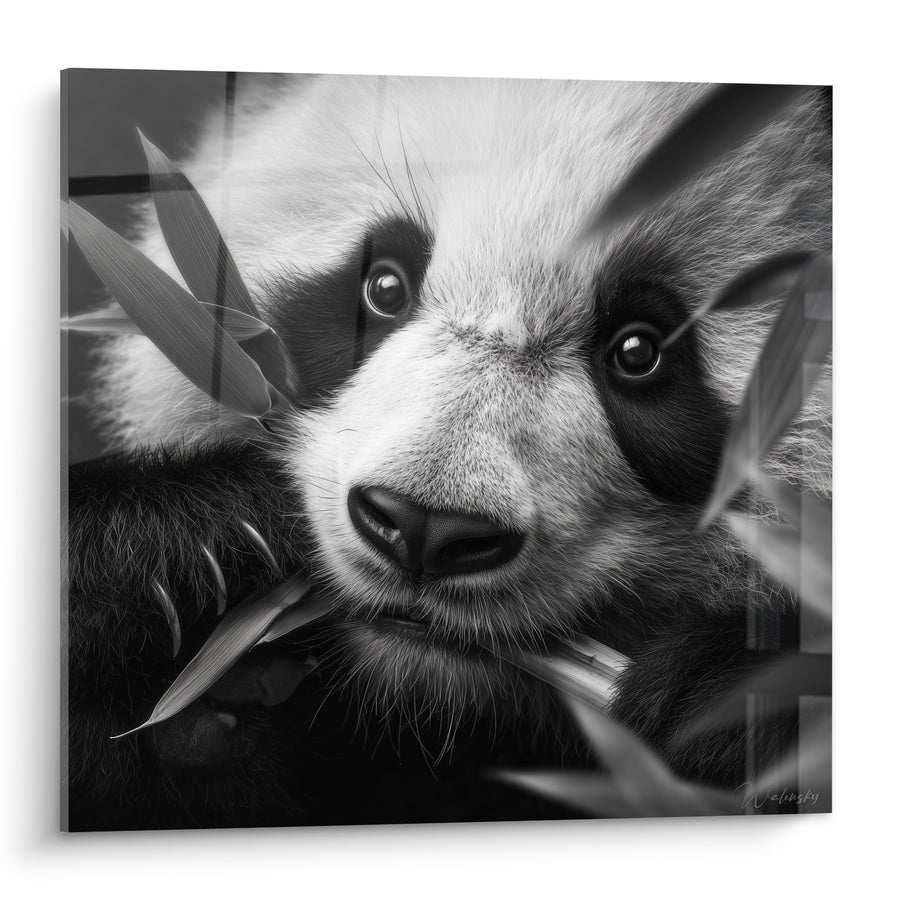 Tableau Panda noir et blanc parmi les feuilles de bambou - Regard gourmand - Edition Panda