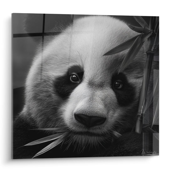 Panda au regard perçant, pelage blanc et taches noires, feuilles de bambou en arrière-plan