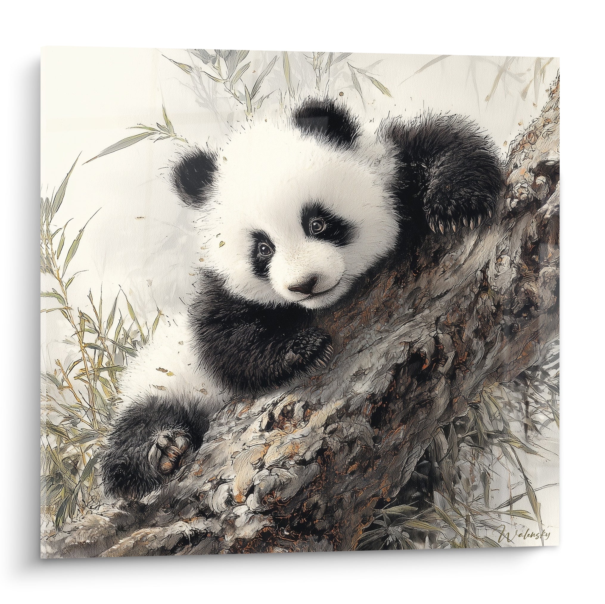 Panda noir et blanc blotti sur une branche brune texturée, regard doux et fourrure dense