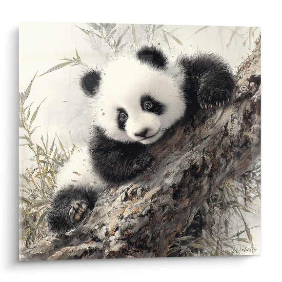 Panda noir et blanc blotti sur une branche brune texturée, regard doux et fourrure dense