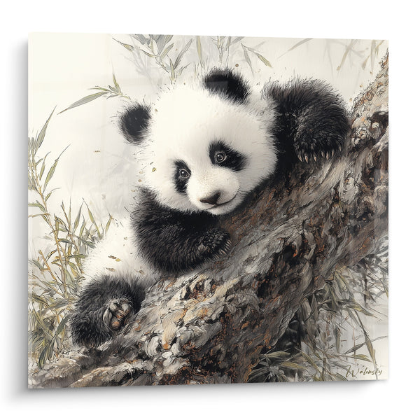 Tableau Panda blotti sur une branche noueuse - Câlin de branches - Edition Panda
