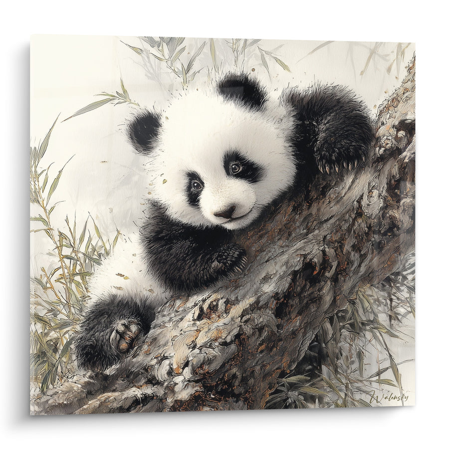 Tableau Panda blotti sur une branche noueuse - Câlin de branches - Edition Panda