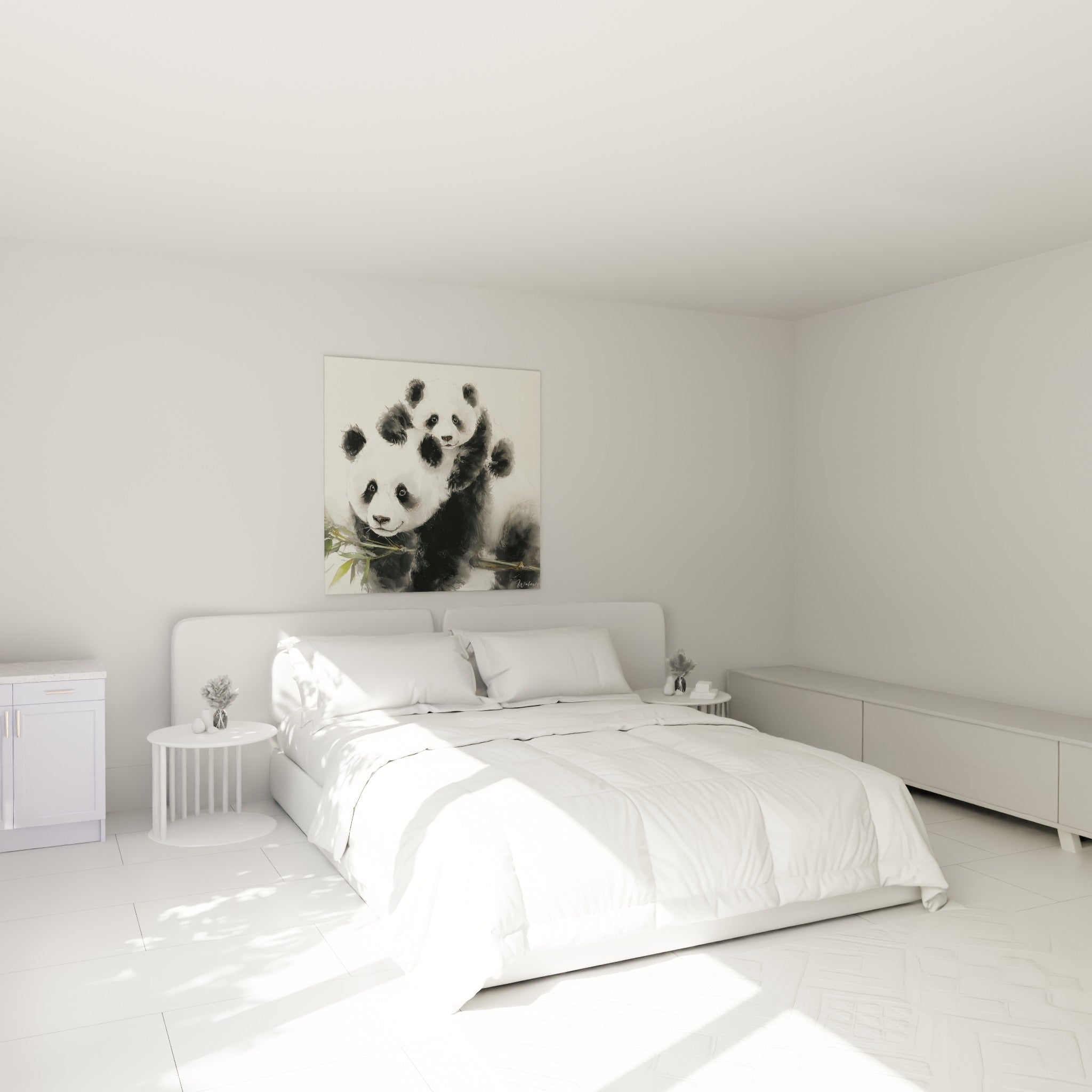 Complicité entre deux pandas gris et blancs peints au-dessus d'un lit dans une chambre claire