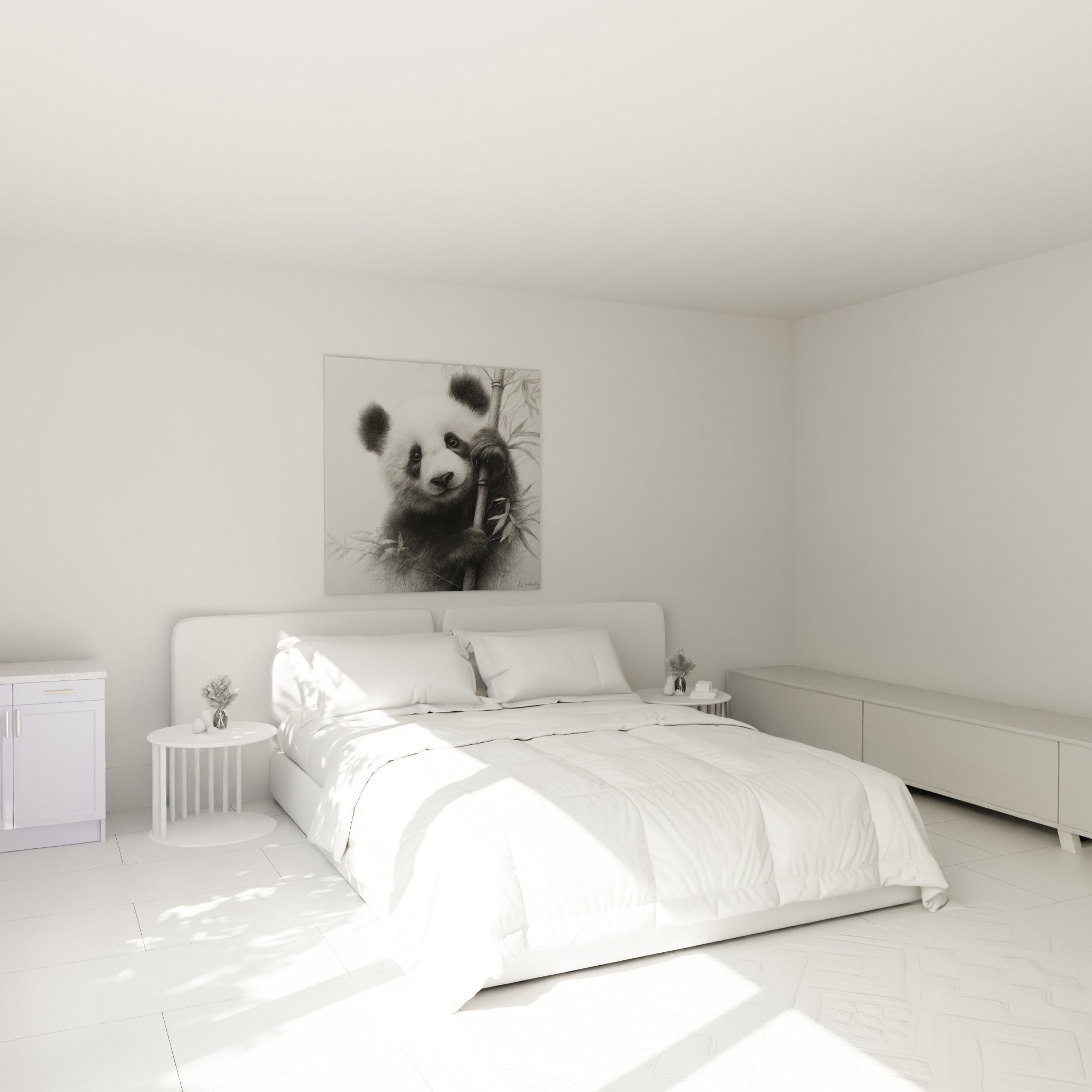 Jeune panda noir et blanc au regard tendre, accroché au-dessus d'un lit dans une chambre claire