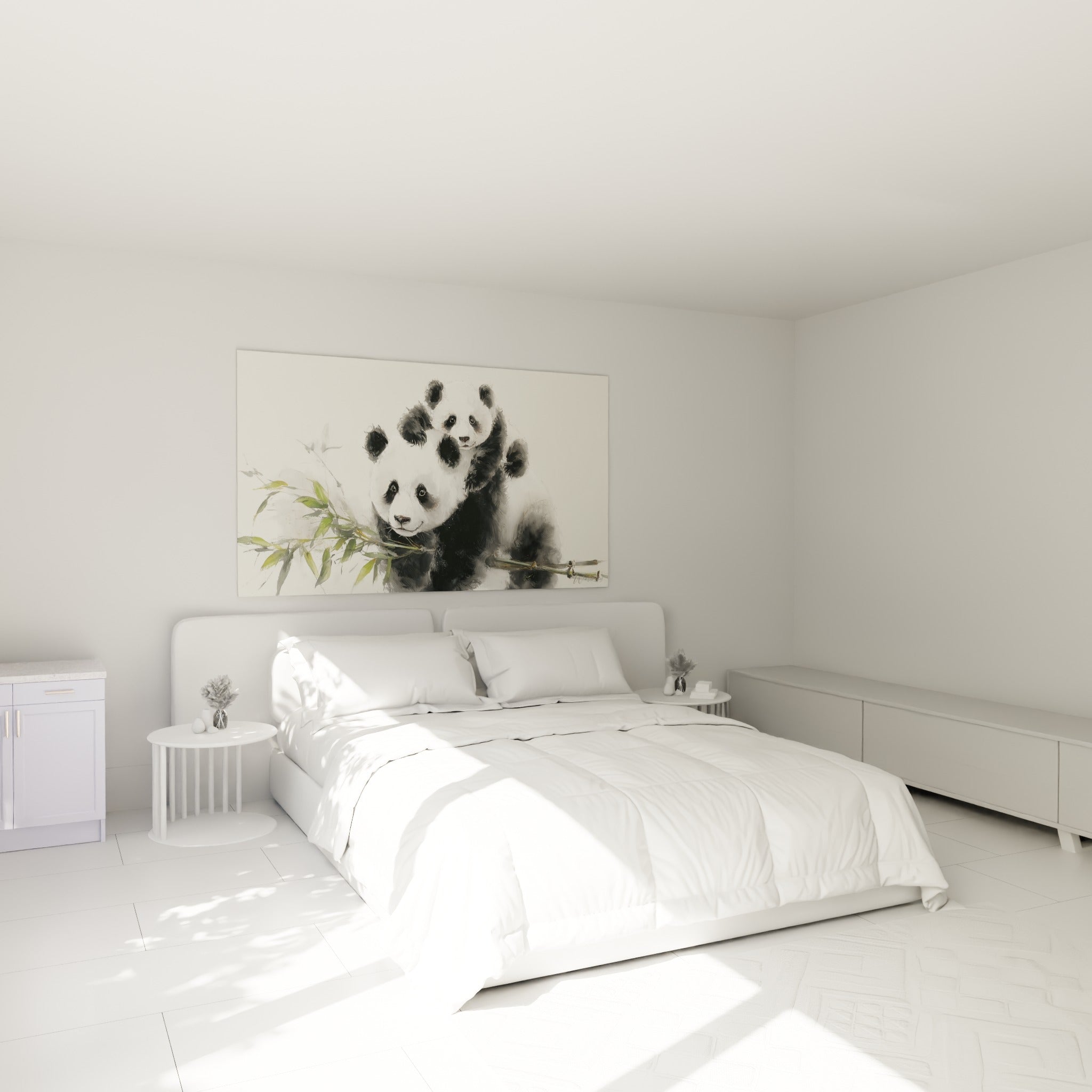 Deux pandas au pelage noir et ivoire accrochés au-dessus d'un lit dans une chambre claire