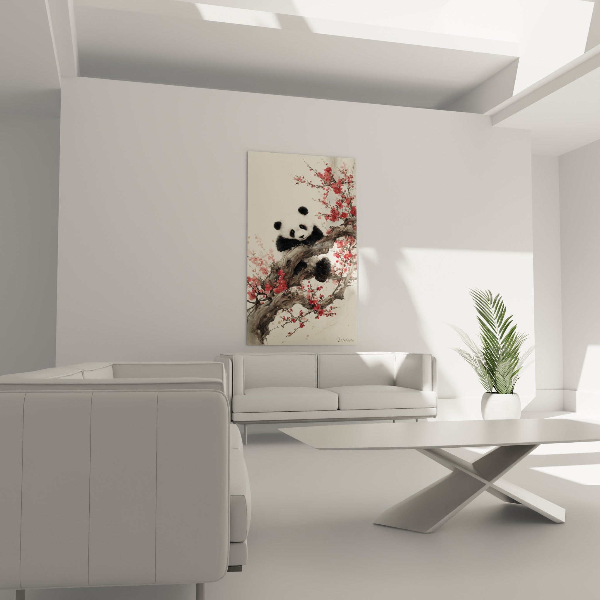 Panda entouré de branches brunes et fleurs terracotta, au-dessus d'un canapé dans un salon lumineux