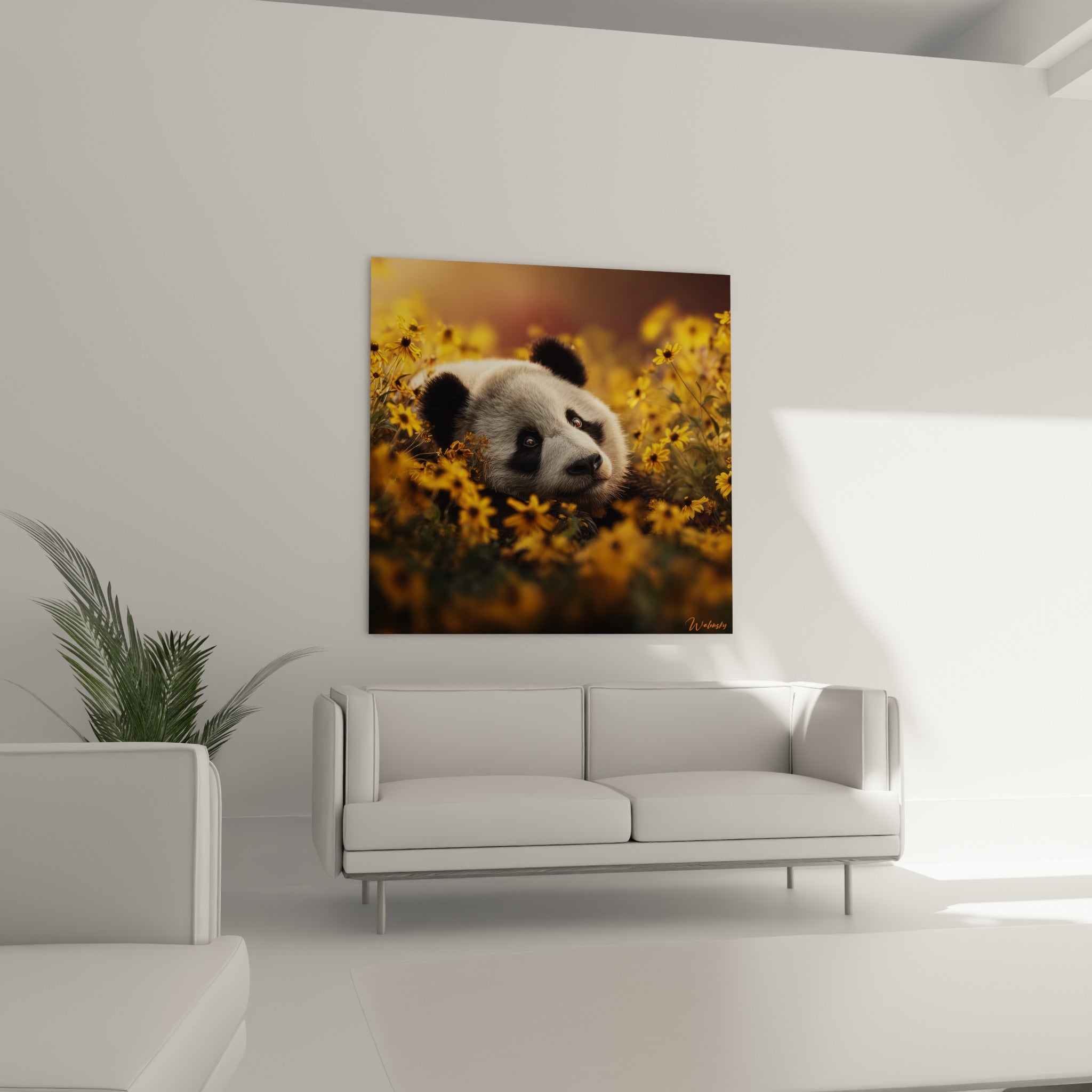 Panda au pelage noir et blanc entouré de fleurs jaunes lumineuses, au-dessus d'un canapé dans un salon lumineux