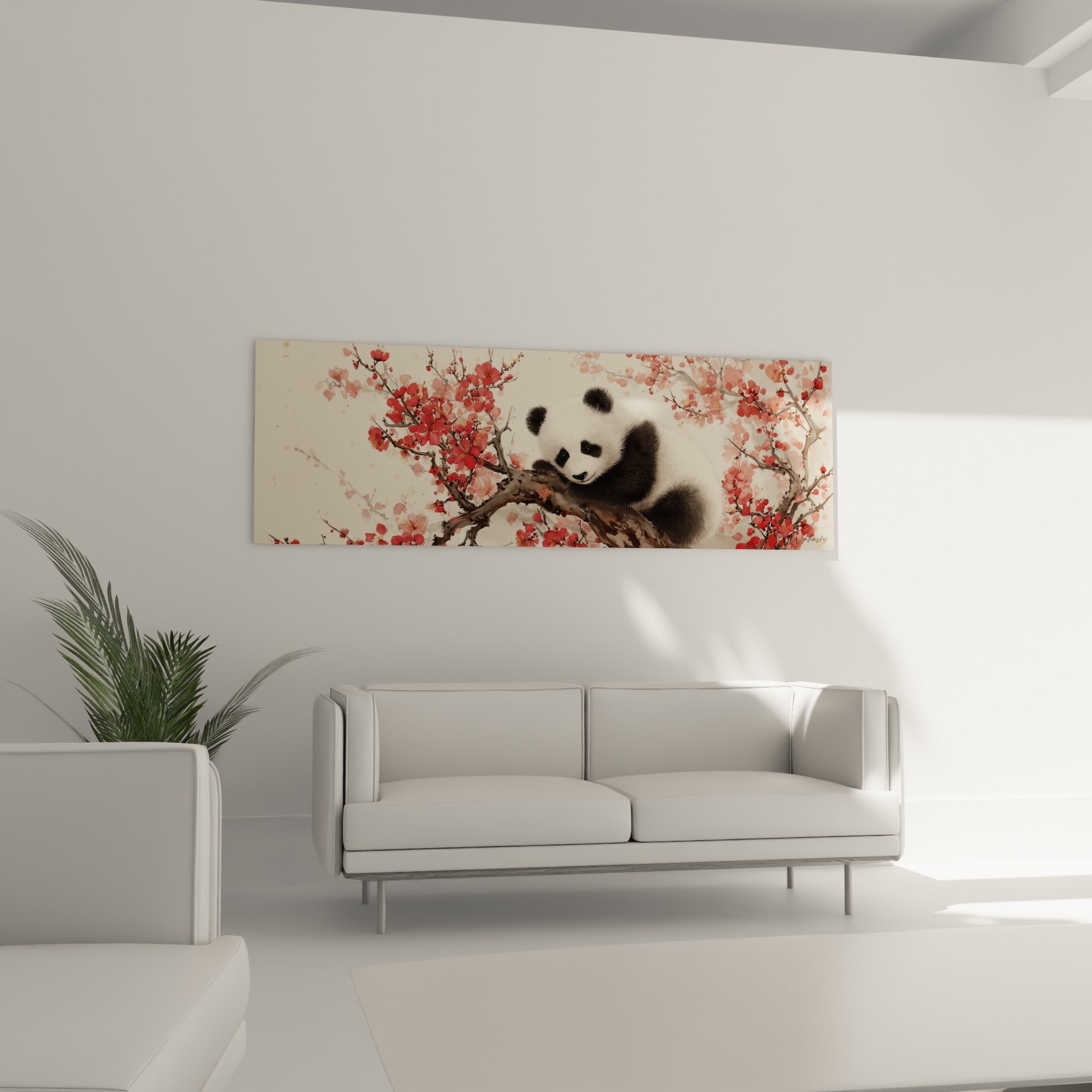Silhouette de panda noir et blanc sur fond ivoire fleuri, au-dessus d'un canapé dans un salon lumineux
