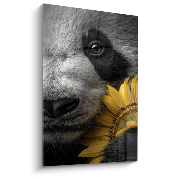 Tableau Museau noir et blanc contre tournesol jaune - Œil ambré perçant - Edition Panda