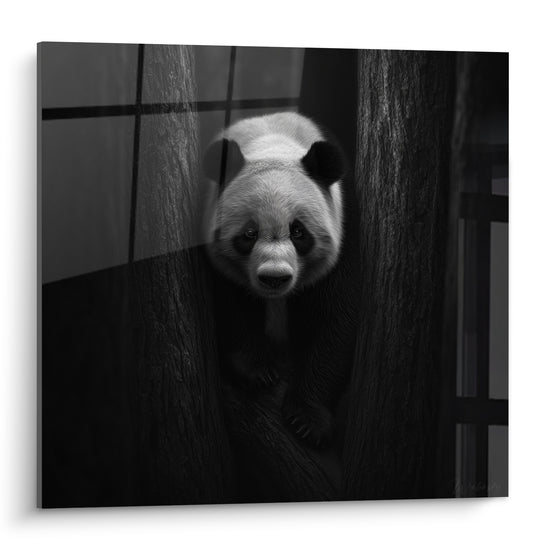 Panda blanc et noir surgissant entre deux troncs sombres, regard fixe et pelage texturé