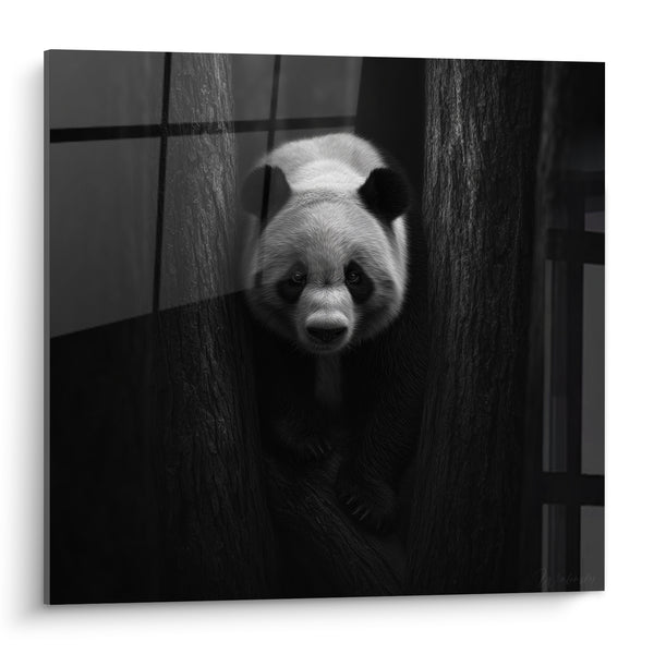 Tableau Panda blotti entre deux troncs sombres - Surgi de l'ombre - Edition Panda