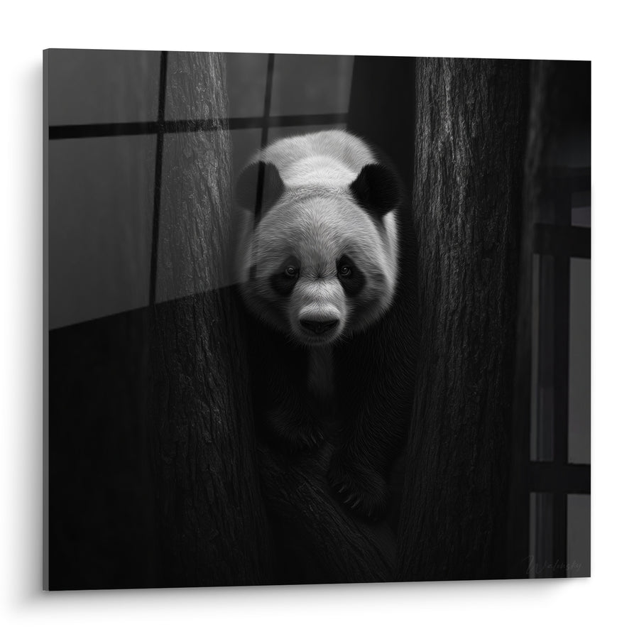 Tableau Panda blotti entre deux troncs sombres - Surgi de l'ombre - Edition Panda