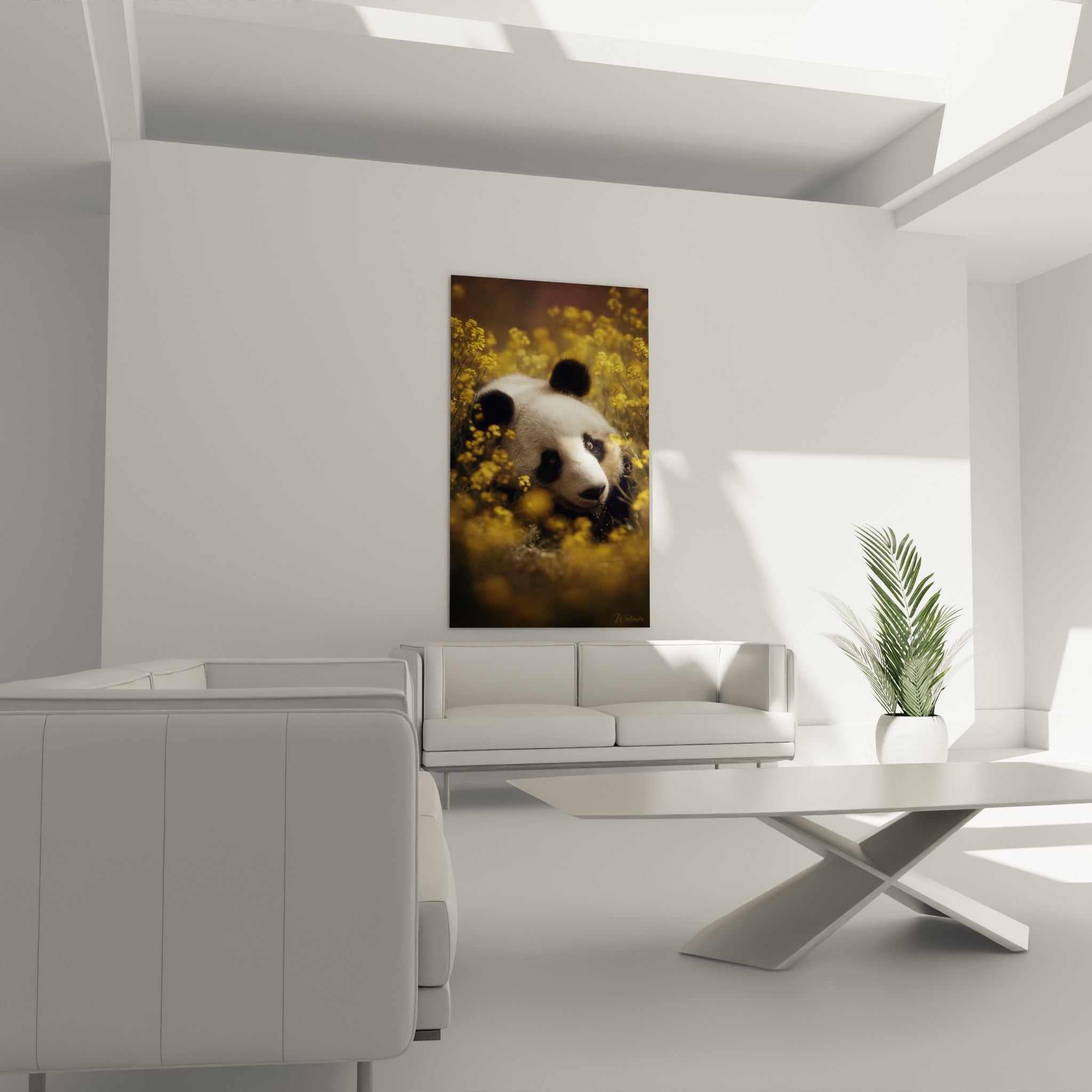 Panda tacheté de noir parmi des pétales jaune moutarde, au-dessus d'un canapé dans un salon lumineux