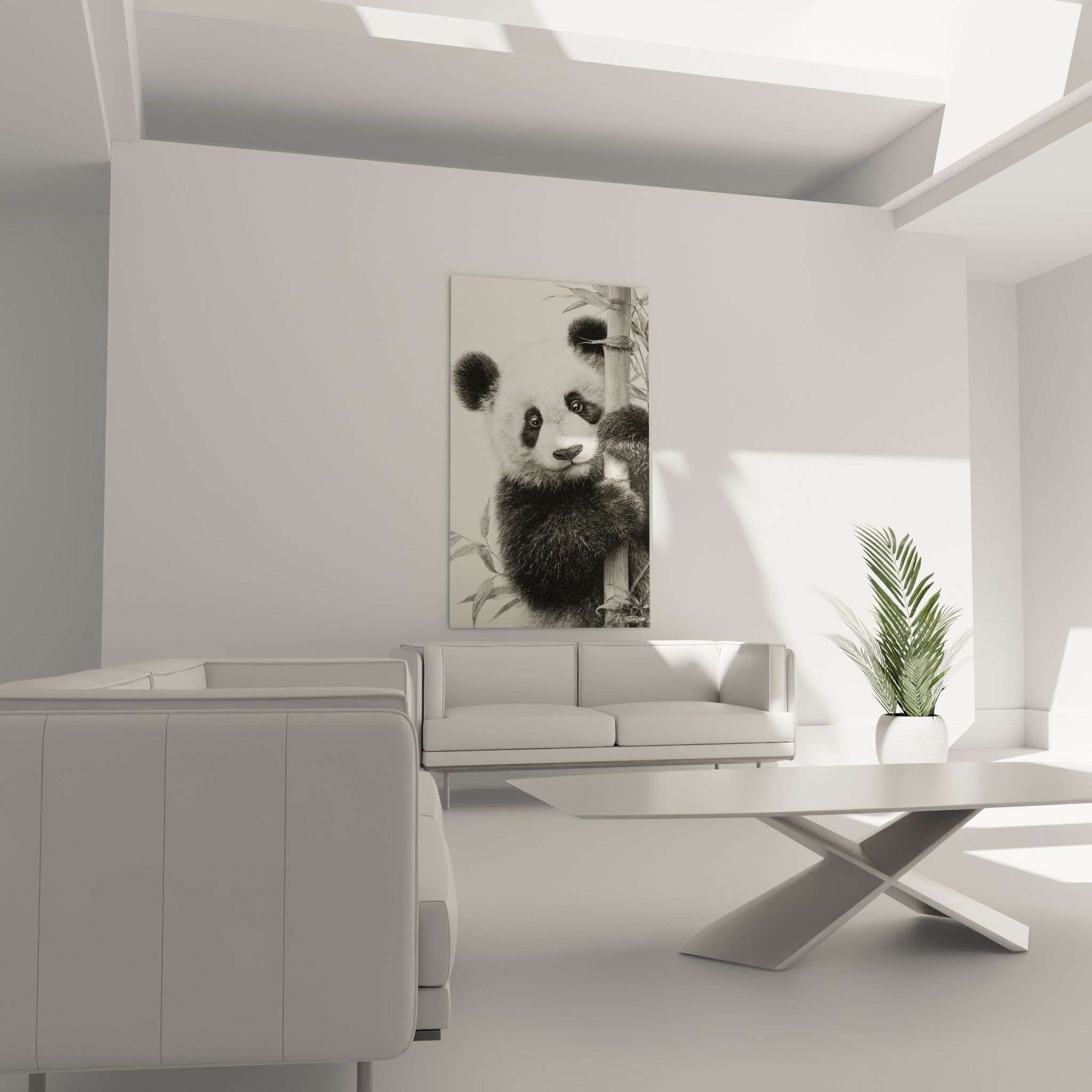Regard attendrissant d'un panda ivoire et gris agrippé au bambou, au-dessus d'un canapé dans un salon lumineux