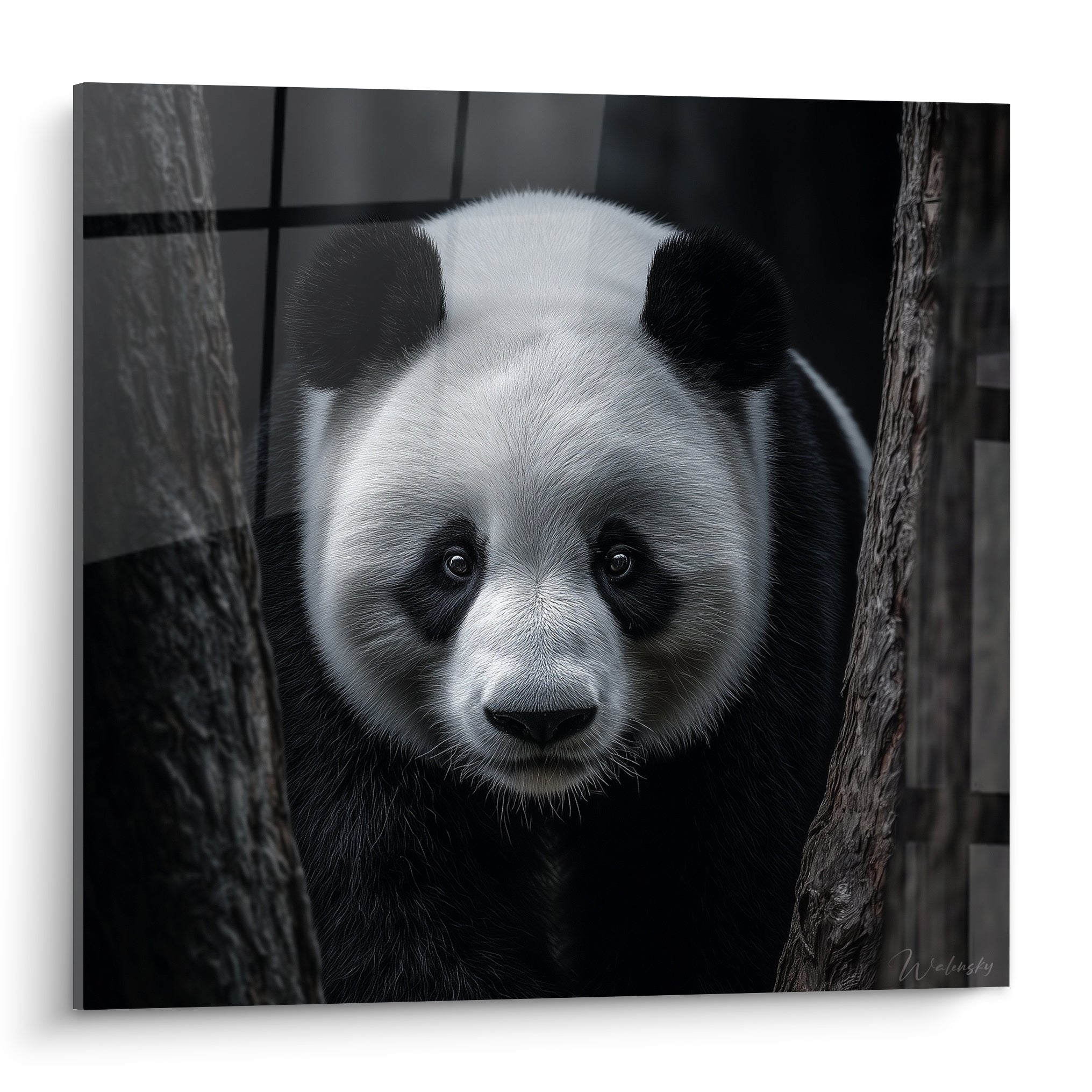 Panda au regard sombre entre deux troncs, pelage blanc et noir sculptural, lumière douce sur le museau